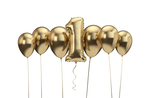 Primeiro aniversário fundo balão de ouro. Feliz Aniversário. Renderização 3D — Fotografia de Stock