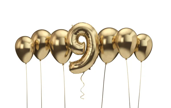 9th aniversário fundo balão de ouro. Feliz Aniversário. Renderização 3D — Fotografia de Stock