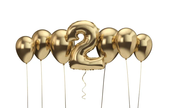 2 urodziny złoto balon tło. Wszystkiego najlepszego z okazji urodzin. Renderowanie 3D — Zdjęcie stockowe