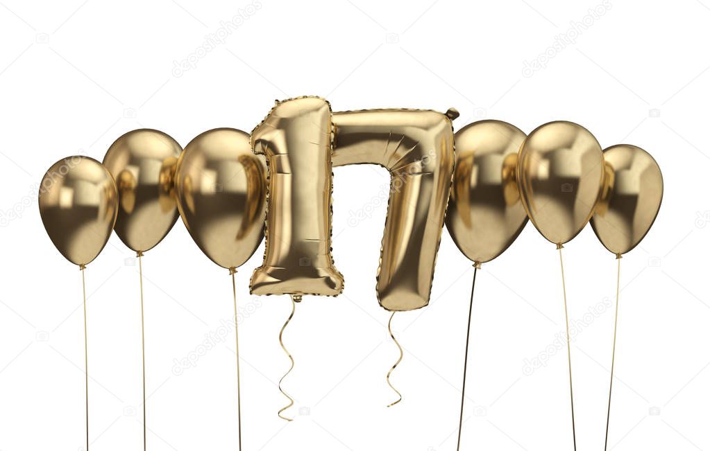 17th birthday gold balloon background. Happy Birthday. 3D Rendering