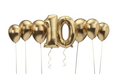 10. doğum günü altın balon arka plan. Doğum günün kutlu olsun. 3d Rendering