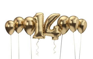 14. doğum günü altın balon arka plan. Doğum günün kutlu olsun. 3d Rendering