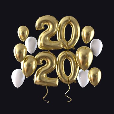 Mutlu yeni yıl 2020 altın folyo balon kutlama arka plan. 3d Rendering
