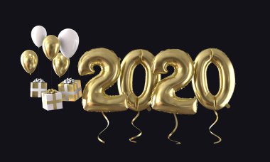 Mutlu yeni yıl 2020 altın folyo balon kutlama arka plan. 3d Rendering