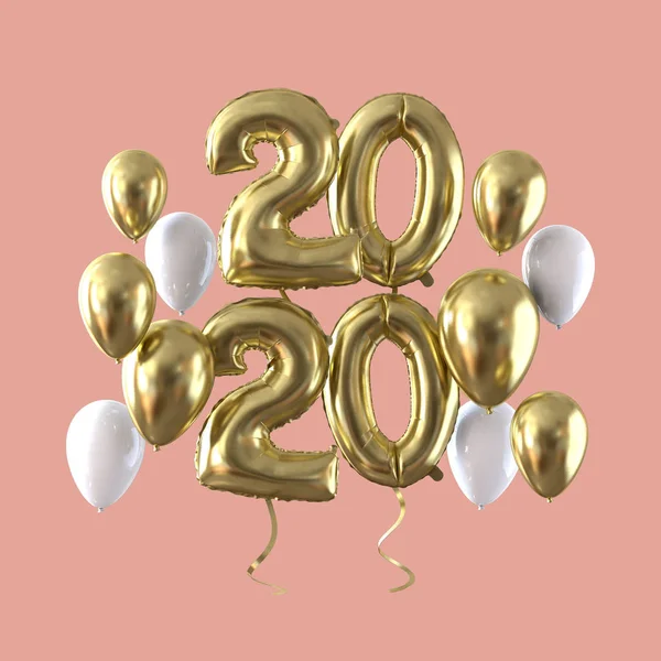 Feliz ano novo 2020 folha de ouro balão celebração fundo. Renderização 3D — Fotografia de Stock