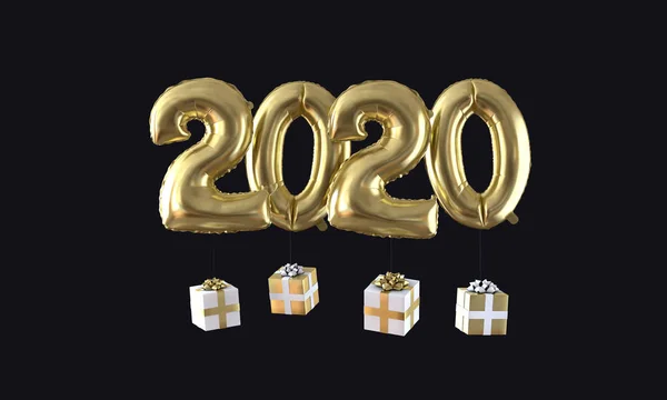 Felice anno nuovo 2020 oro lamina palloncino celebrazione sfondo. Rendering 3D — Foto Stock