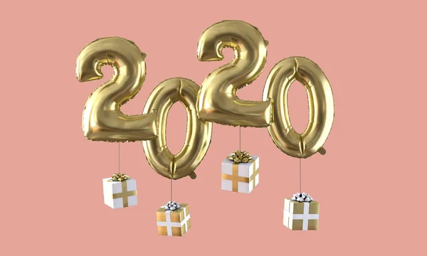 Felice anno nuovo 2020 oro lamina palloncino celebrazione sfondo. Rendering 3D — Foto Stock