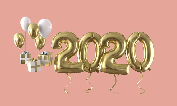 新年快乐 2020 金箔气球庆祝背景。3d 渲染 — 图库照片