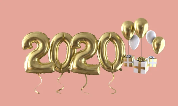 Happy new year 2020 gold foil balloon celebration background. 3D Rendering — Stock Photo, Image
