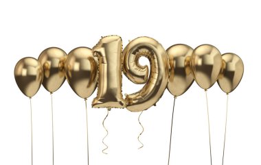 19. doğum günü altın balon arka plan. Doğum günün kutlu olsun. 3d Rendering