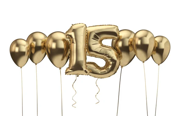 15th χρυσό φόντο μπαλόνι γενεθλίων. Να τα εκατοστήσεις. Απόδοση 3D — Φωτογραφία Αρχείου