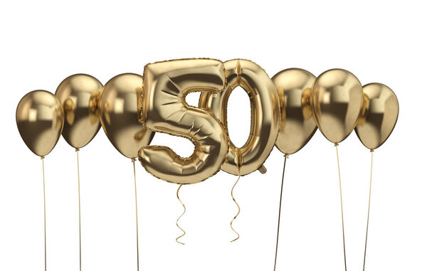 50th birthday gold balloon background. Happy Birthday. 3D Rendering
