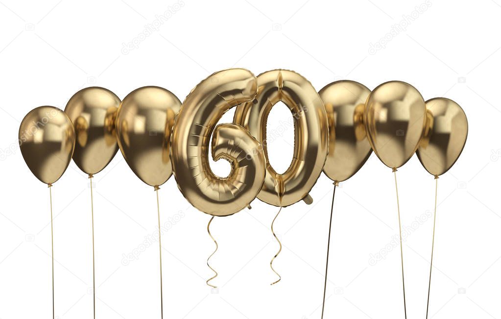 60th birthday gold balloon background. Happy Birthday. 3D Rendering
