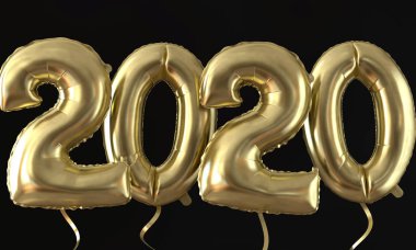 Mutlu yeni yıl 2020 altın folyo balon kutlama arka plan. 3d Rendering