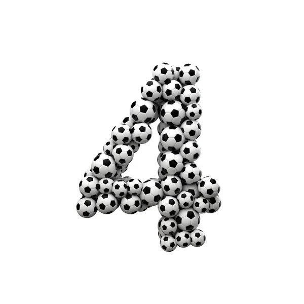 Γραμματοσειρά νούμερο 4 φτιαγμένη από μια συλλογή από μπάλες ποδοσφαίρου. απόδοση 3D — Φωτογραφία Αρχείου