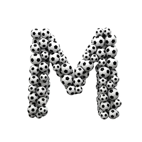 Velké písmeno M písmo vyrobené ze sbírky fotbalových míčků. 3d — Stock fotografie
