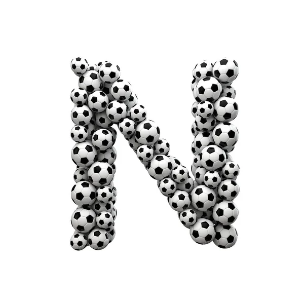 Velké písmeno N písmo vyrobené ze sbírky fotbalových míčků. 3d — Stock fotografie