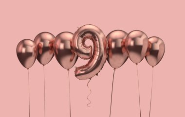 9. doğum günü pembe balon arka plan. Doğum günün kutlu olsun. 3d Rendering