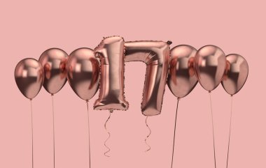 17. doğum günü pembe balon arka plan. Doğum günün kutlu olsun. 3d Rendering