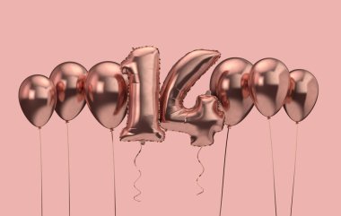 14. doğum günü pembe balon arka plan. Doğum günün kutlu olsun. 3d Rendering