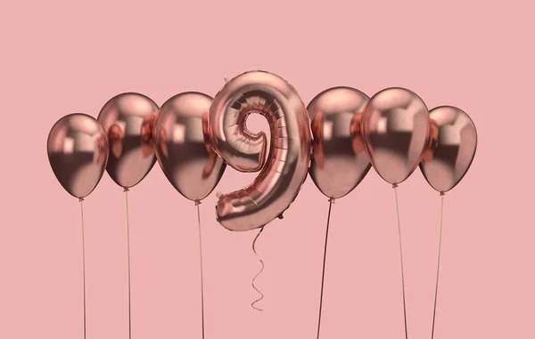 9th γενέθλια ροζ φόντο μπαλόνι. Να τα εκατοστήσεις. Απόδοση 3D — Φωτογραφία Αρχείου
