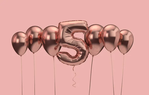 5 번째 생일 핑크 풍선 배경입니다. 생일 축하해요. 3D 렌더링 — 스톡 사진