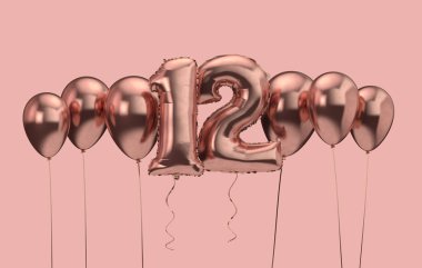 12. doğum günü pembe balon arka plan. Doğum günün kutlu olsun. 3d Rendering