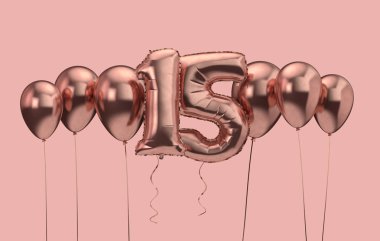 15. doğum günü pembe balon arka plan. Doğum günün kutlu olsun. 3d Rendering