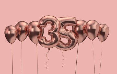 35. doğum günü pembe balon arka plan. Doğum günün kutlu olsun. 3d Rendering