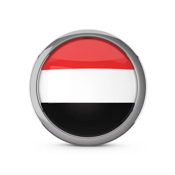 Jemen Flaga narodowa w błyszczącym kształcie okręgu z chromowaną ramką. — Zdjęcie stockowe