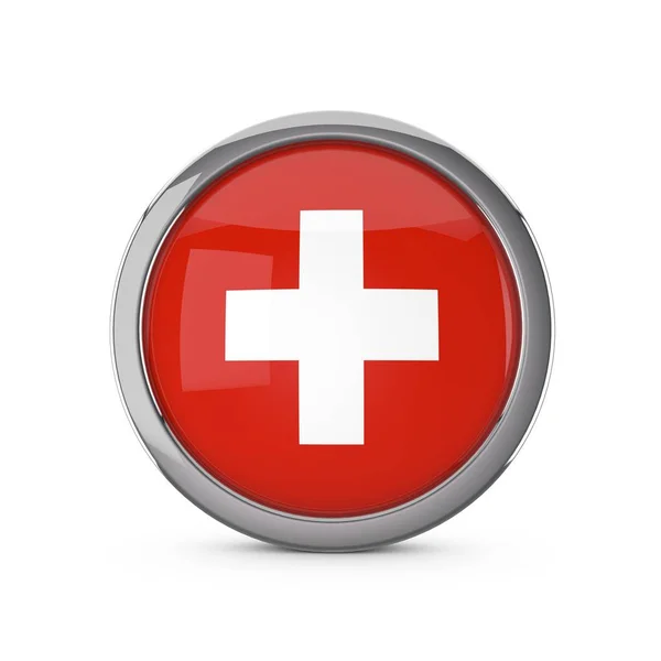Bandeira nacional da Suíça em forma de círculo brilhante com cromo f — Fotografia de Stock