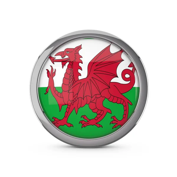 Walesská vlajka ve tvaru lesklého kruhu s chromovanými rámy. — Stock fotografie