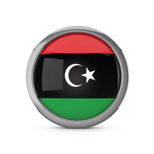 Libya national flag in a glossy circle shape with chrome frame. — Stock Photo, Image