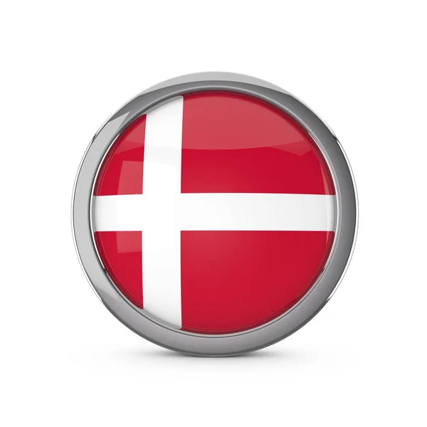 Dania Flaga narodowa w błyszczącym kształcie okręgu z chromowaną ramką — Zdjęcie stockowe