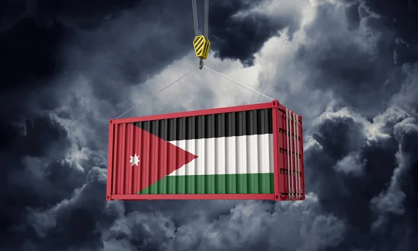 Jordan trade cargo container hanging against dark clouds. 3D Render — Stock Photo, Image