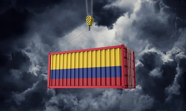 Colombia Trade Last container hängande mot mörka moln. 3D-rendering — Stockfoto