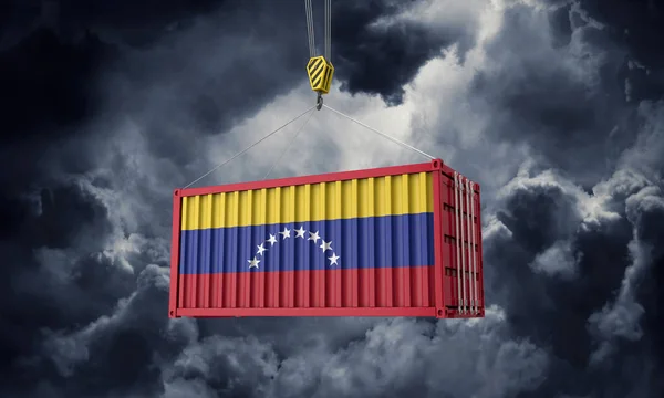 Venezuela commerce conteneur de fret suspendu contre des nuages sombres. Expéditeur 3D — Photo