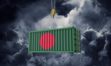 Bangladeş ticaret kargo konteyner kara bulutlara karşı asılı. 3d Render