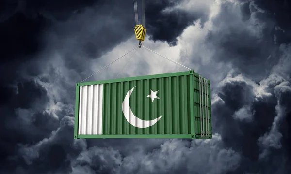 Pakistan commercio container appeso contro nuvole scure. Render 3D — Foto Stock