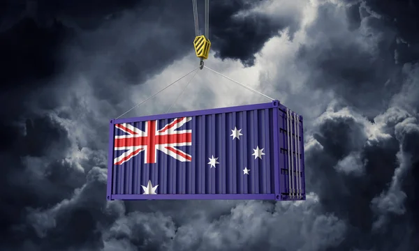 Australia commercio container di carico appeso contro nuvole scure. Render 3D — Foto Stock