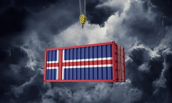 IJsland handel cargo container opknoping tegen donkere wolken. 3D renderen — Stockfoto