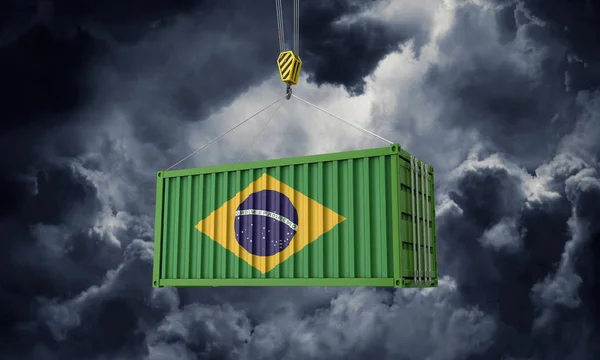 Brasil comercializa contêiner de carga pendurado contra nuvens escuras. Renderização 3D — Fotografia de Stock