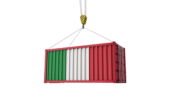 Itália bandeira contêiner de comércio de carga pendurado em um guindaste. Renderização 3D — Fotografia de Stock