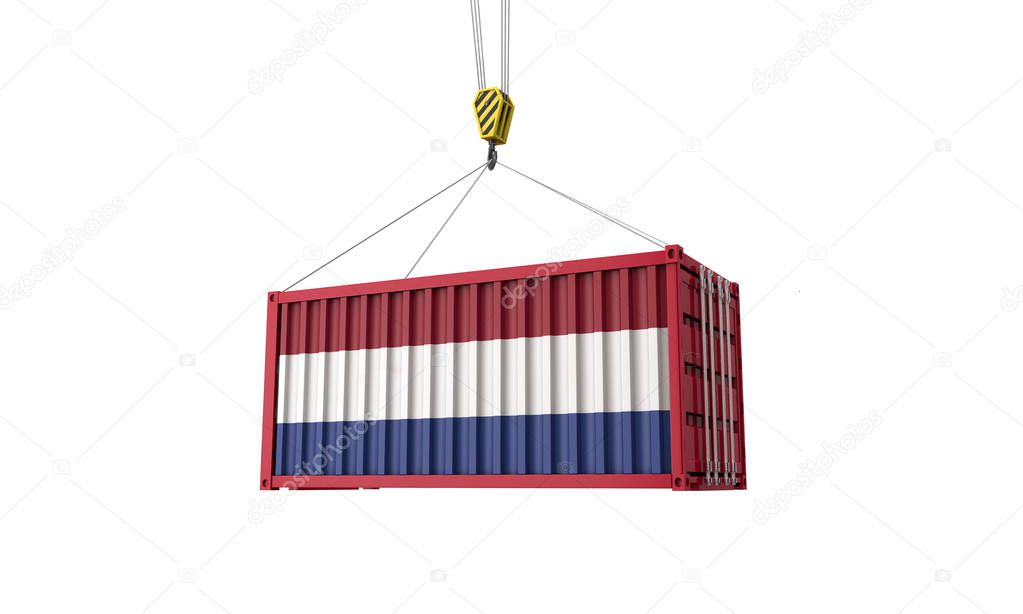 Netherlands flag cargo trade container hanging from a crane. 3D Render