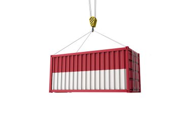 Endonezya bayraklı kargo ticaret konteynerbir vinç asılı. 3d Render