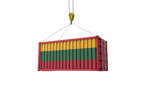 Lituânia bandeira contêiner de comércio de carga pendurado em um guindaste. Renderização 3D — Fotografia de Stock