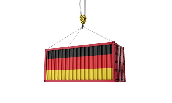 Alemanha bandeira contêiner de comércio de carga pendurado em um guindaste. Renderização 3D — Fotografia de Stock