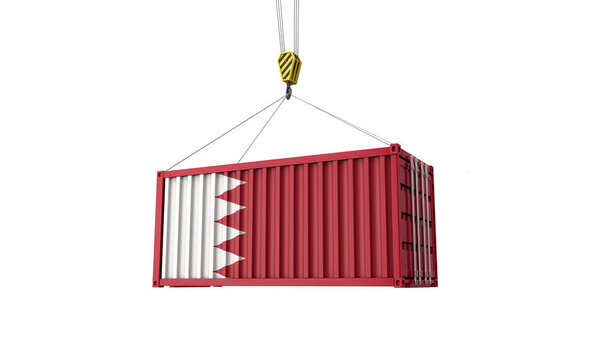 Bahrain flag cargo trade container hanging from a crane. 3D Render