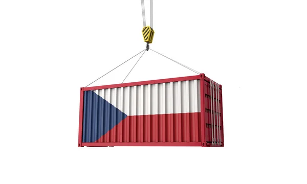 República Checa bandeira contêiner de comércio de carga pendurado em um guindaste. Renderização 3D — Fotografia de Stock