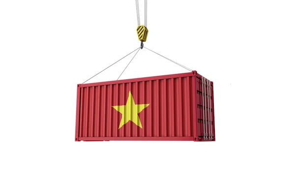 越南悬挂在起重机上的集装箱悬挂在国旗上。3d 渲染 — 图库照片